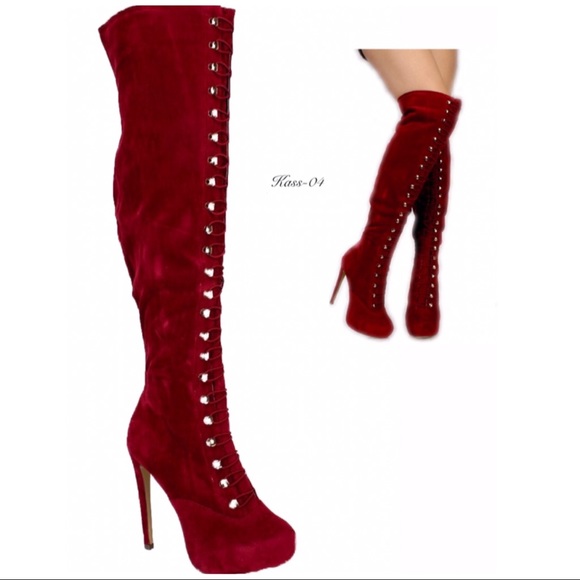 Women’s lace up tie over the knee high heel boots - Picture 4 of 8
